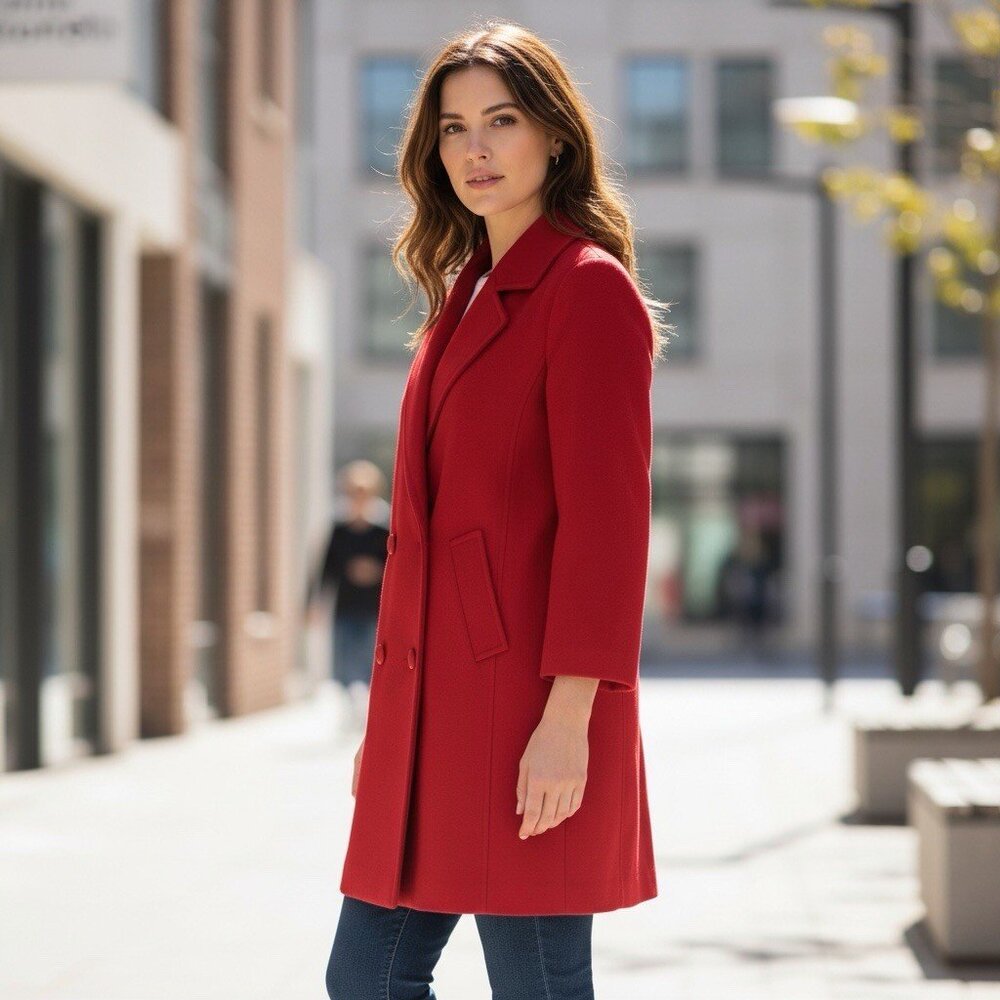 Vintage Mallia Womens 8 Red 100% Wool Double Breasted Overcoat Office Careerwear